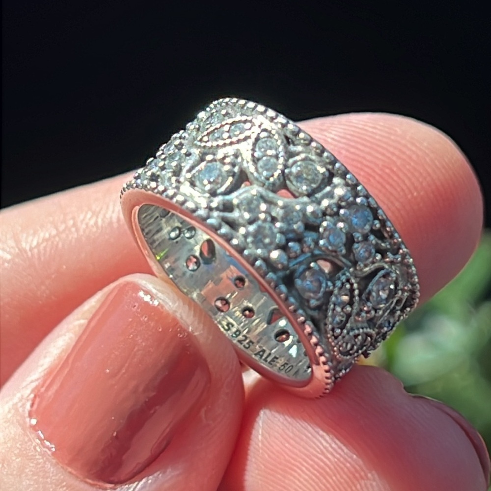 Pandora Shimmering Leaves CZ Sterling Silver 925 Wide Cigar Band Ring